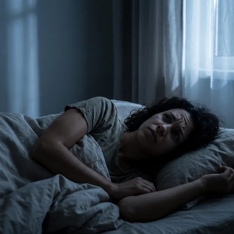 Una mujer colombiana de unos 35 años acostada en su cama en la oscuridad, mirando al techo con frustración porque no puede dormir.