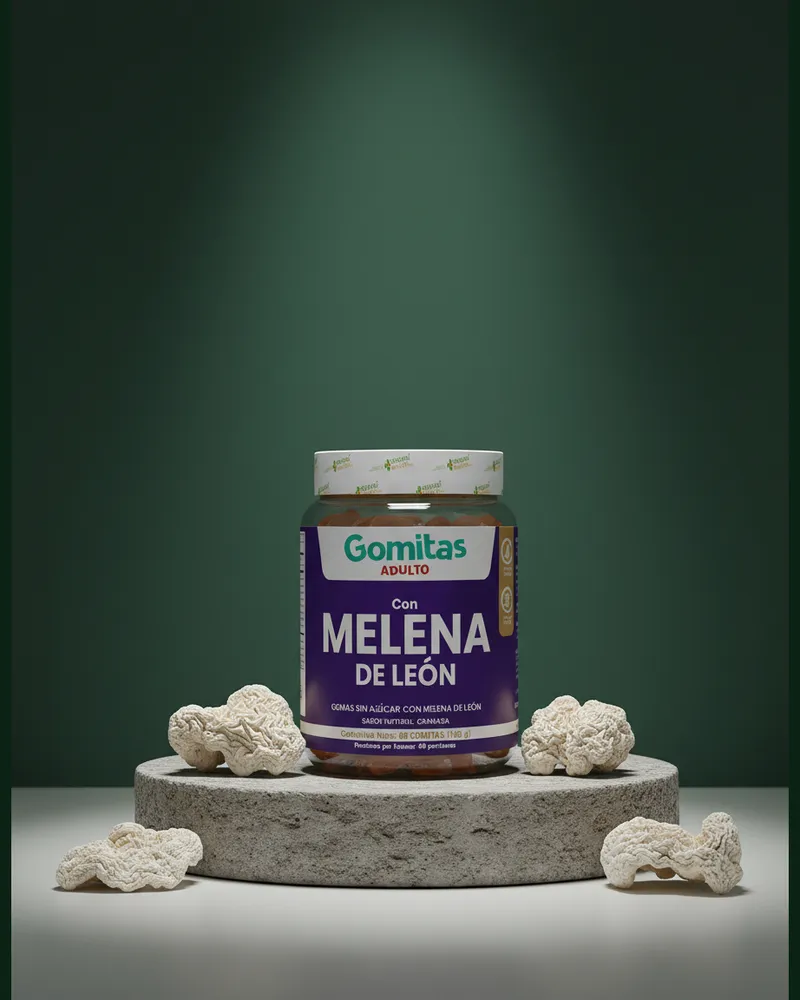 Gomitas de melena de león sobre una piedra en un estudio verde, con sus ingredientes