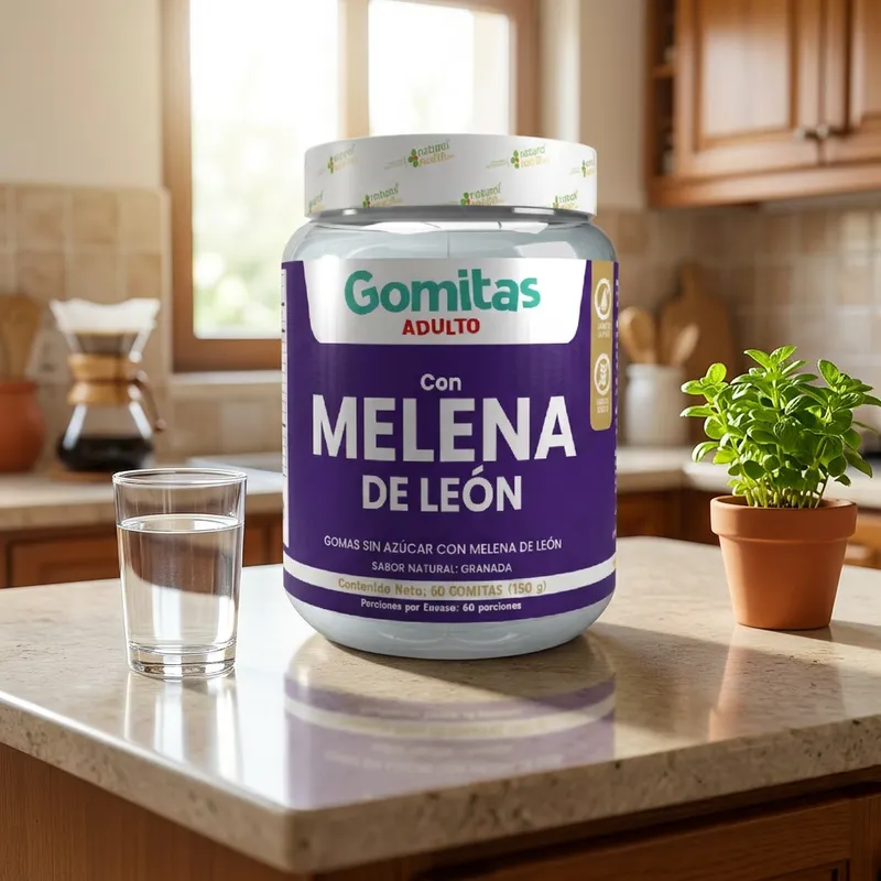 Gomitas de melena de león en la cocina de una casa, junto a un vaso de agua