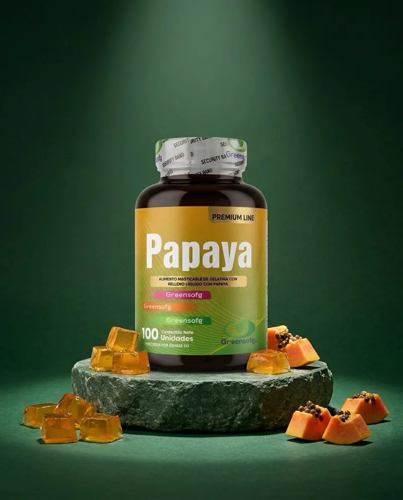 Gomitas de papaya sobre una piedra en un estudio verde, con sus ingredientes