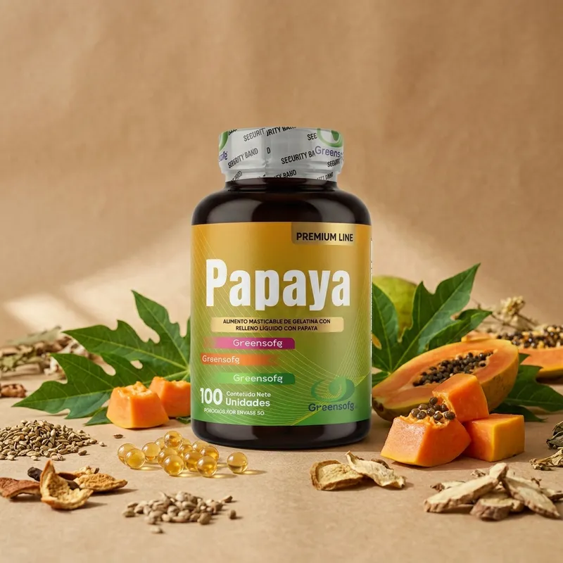 Gomitas de papaya con sus ingredientes naturales alrededor