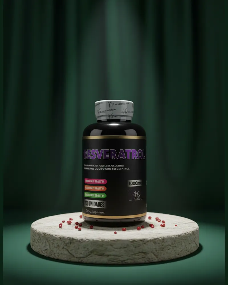 Gomitas de resveratrol sobre una piedra en un estudio verde, con sus ingredientes