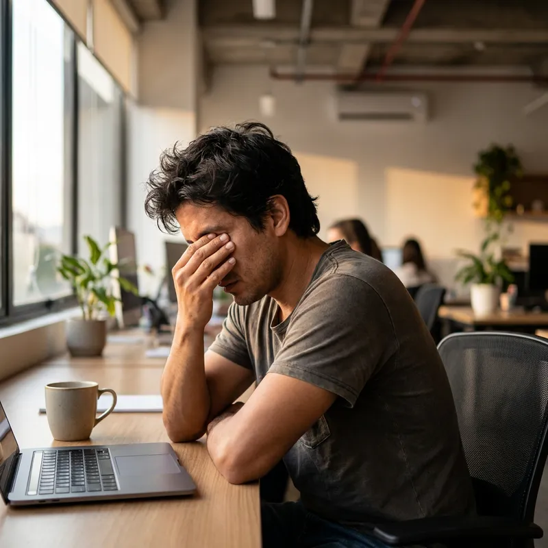 Un hombre joven latino en su oficina, apoyando la cabeza en su mano frente al computador, luciendo exhausto.