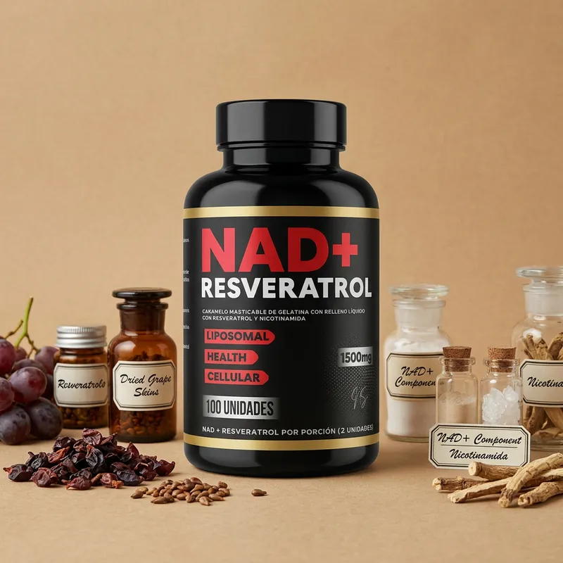Gomitas de resveratrol combo con sus ingredientes naturales alrededor