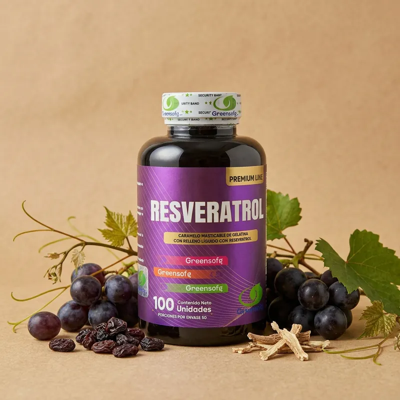 Gomitas de resveratrol con sus ingredientes naturales alrededor