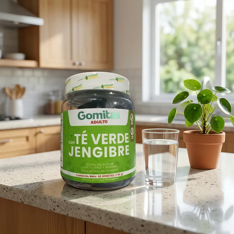 Gomitas de té verde y jengibre en la cocina de una casa, junto a un vaso de agua