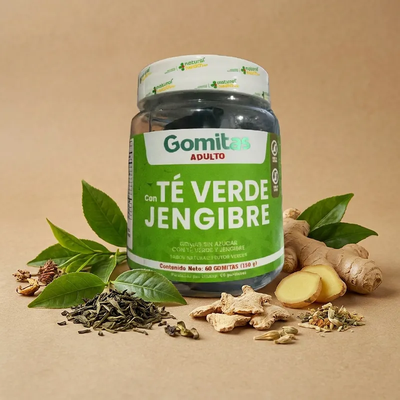 Gomitas de té verde y jengibre con sus ingredientes naturales alrededor