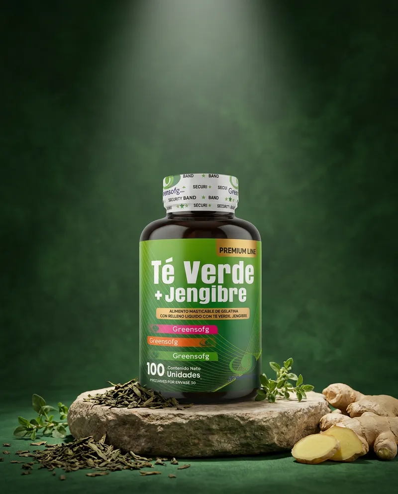 Gomitas de té verde y jengibre sobre una piedra en un estudio verde, con sus ingredientes