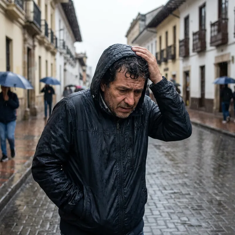 Un hombre de mediana edad bajo la lluvia en una calle de Bogotá, cubriéndose con una chaqueta húmeda.