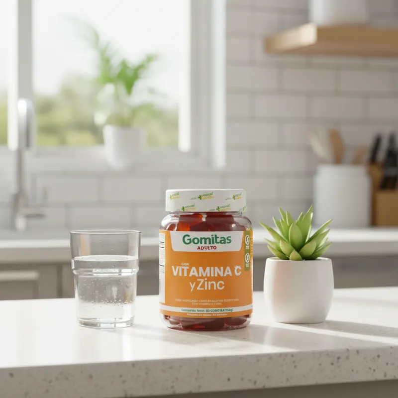 Gomitas de vitamina C y zinc en la cocina de una casa, junto a un vaso de agua