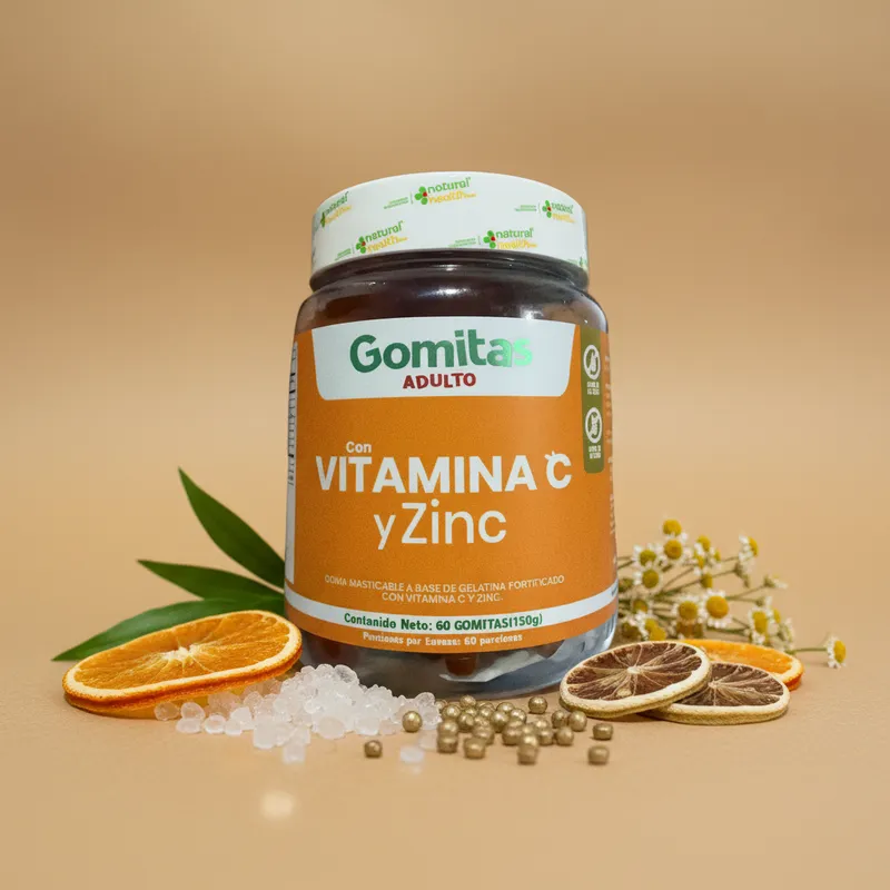 Gomitas de vitamina C y zinc con sus ingredientes naturales alrededor