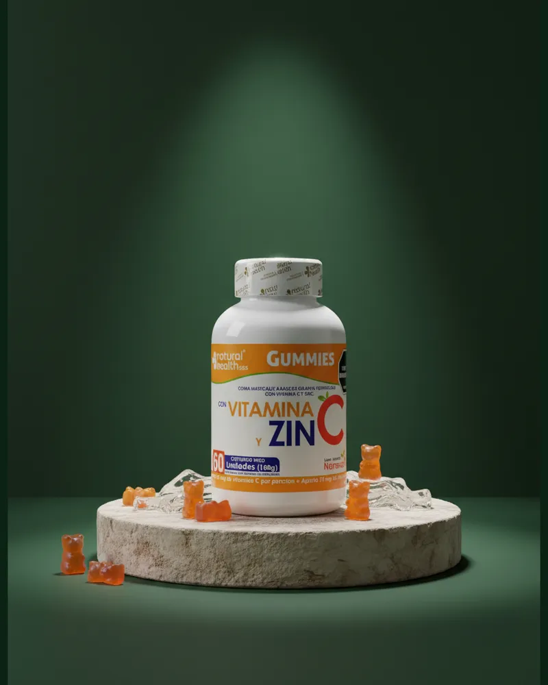 Gomitas de vitamina C y zinc sobre una piedra en un estudio verde, con sus ingredientes
