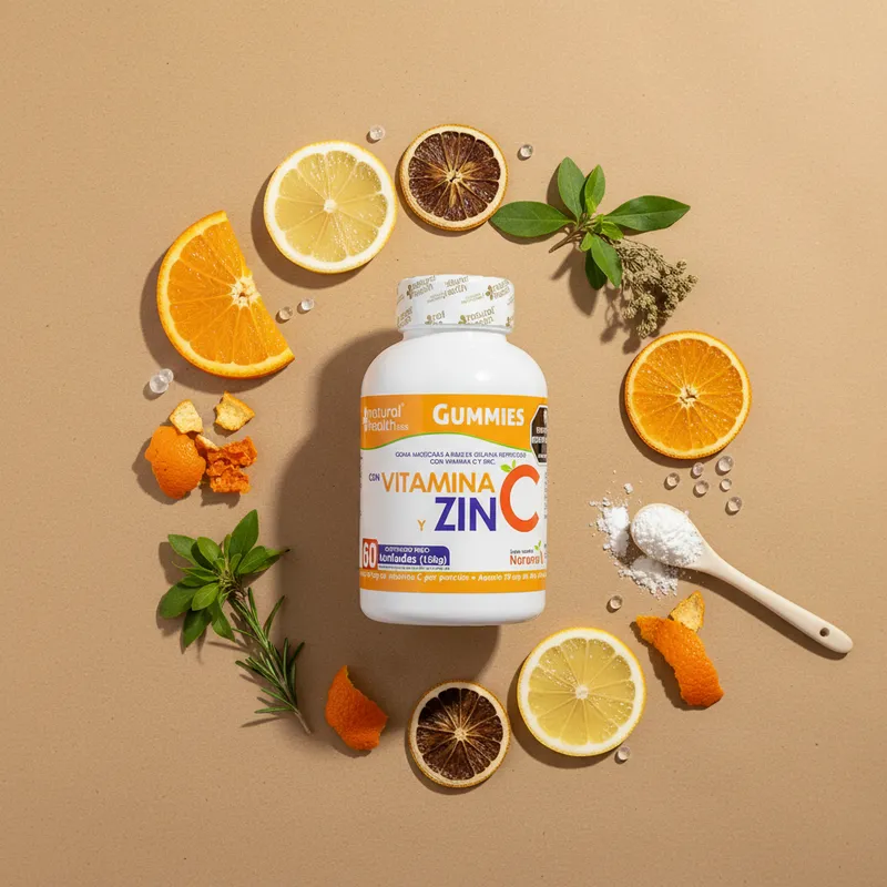 Gomitas de vitamina C y zinc con sus ingredientes naturales alrededor