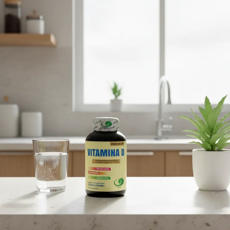 Gomitas de vitamina D en la cocina de una casa, junto a un vaso de agua