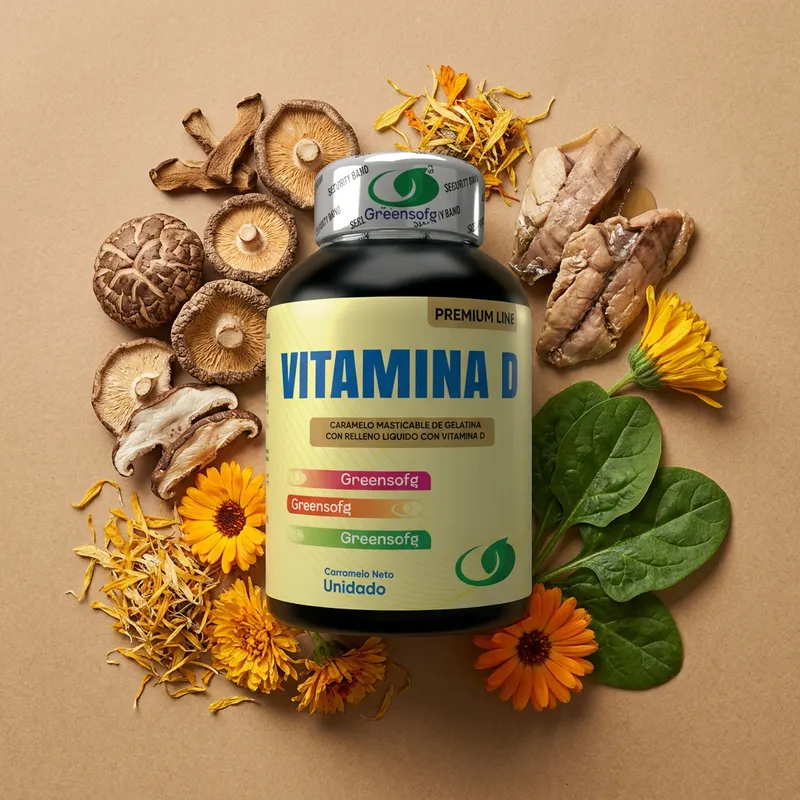 Gomitas de vitamina D con sus ingredientes naturales alrededor