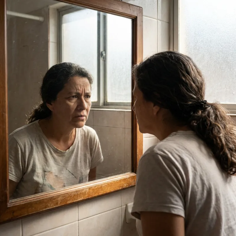 Mujer madura mirándose al espejo con preocupación por su falta de vitalidad.