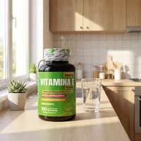 Gomitas de vitamina E y selenio en la cocina de una casa, junto a un vaso de agua