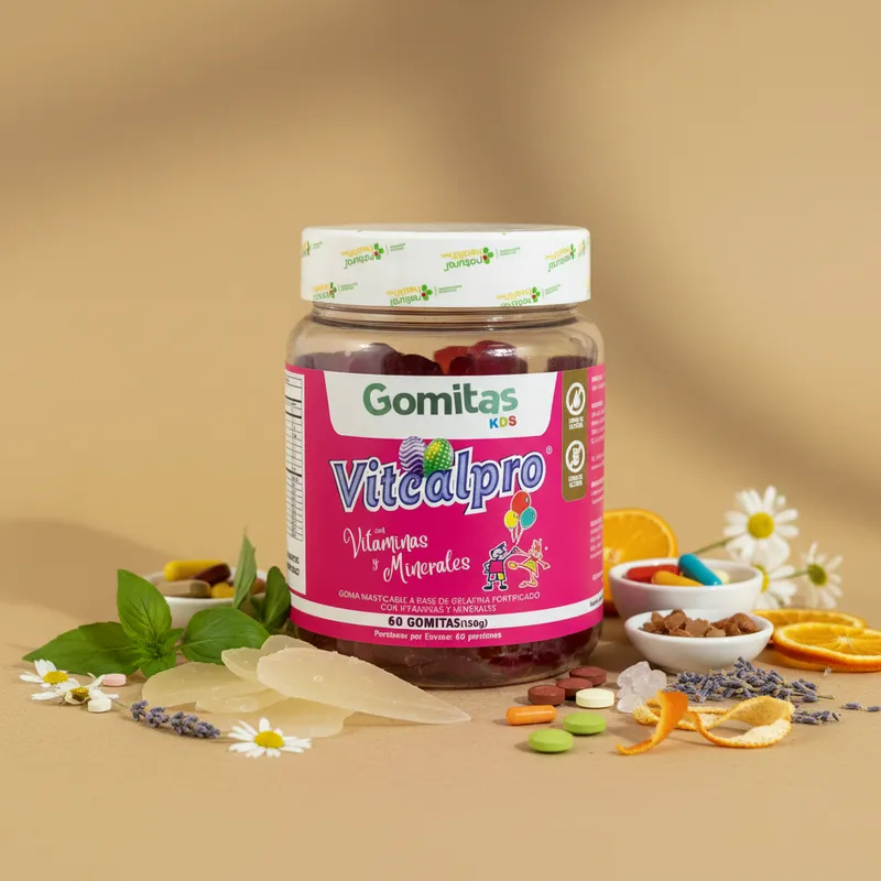 Gomitas de vitaminas para niños con sus ingredientes naturales alrededor