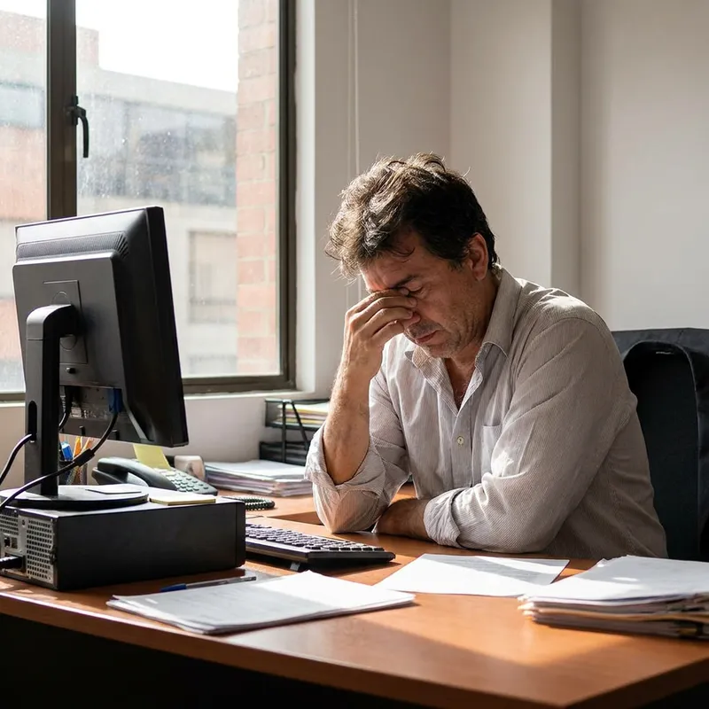 Un hombre de oficina latino cansado y con sueño frente a su computador después de almorzar.