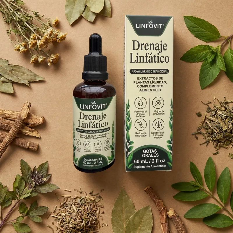 Gotas de drenaje linfático con sus ingredientes naturales alrededor