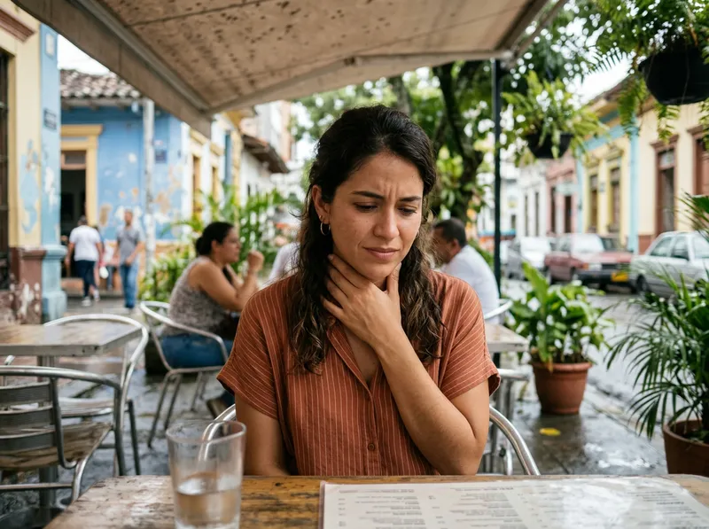 Joven en una cafetería en Cali tocándose el cuello con expresión de dolor al intentar hablar.