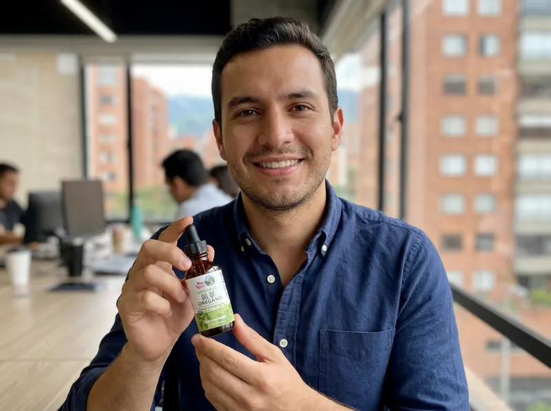 Joven profesional en su oficina en Medellín, sosteniendo el frasco de aceite de orégano con una sonrisa ligera.