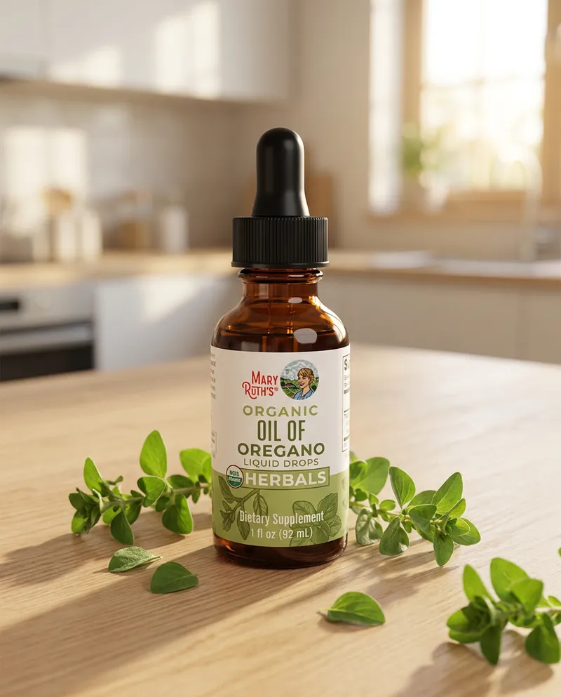 Gotero de aceite de orégano orgánico sobre una mesa de madera clara, rodeado de hojas frescas de orégano bajo una luz natural suave.