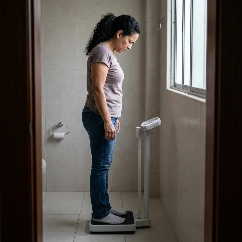Una mujer de unos 40 años frustrada al mirar la báscula en su baño.