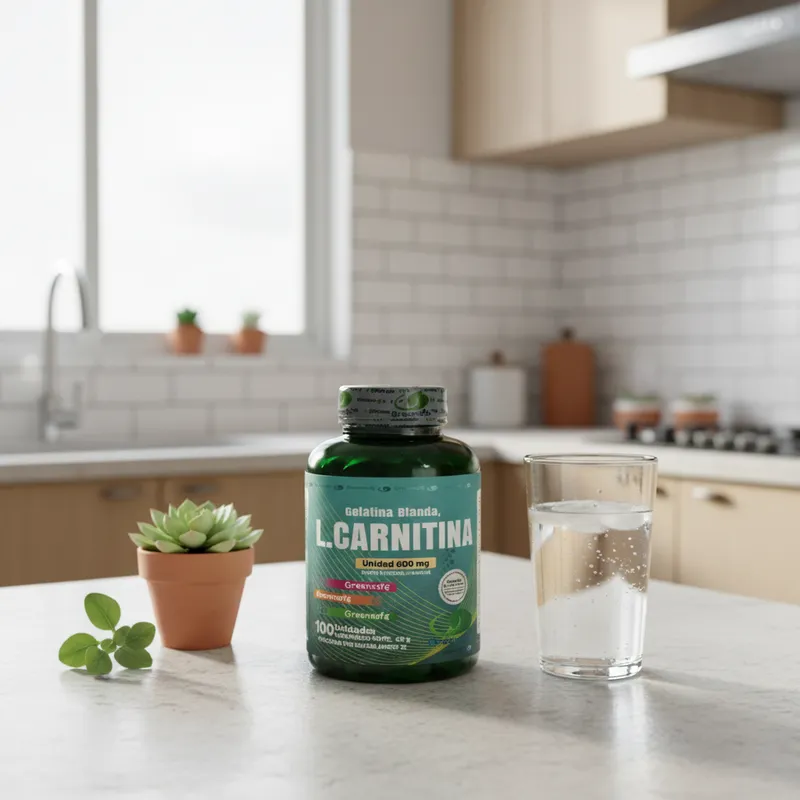 L-carnitina en cápsulas en la cocina de una casa, junto a un vaso de agua