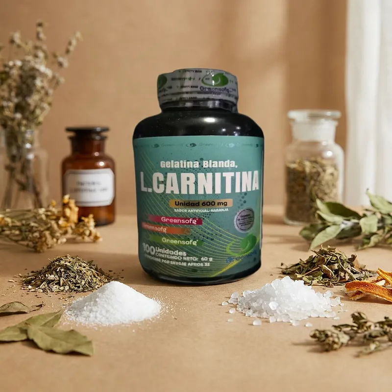 L-carnitina en cápsulas con sus ingredientes naturales alrededor