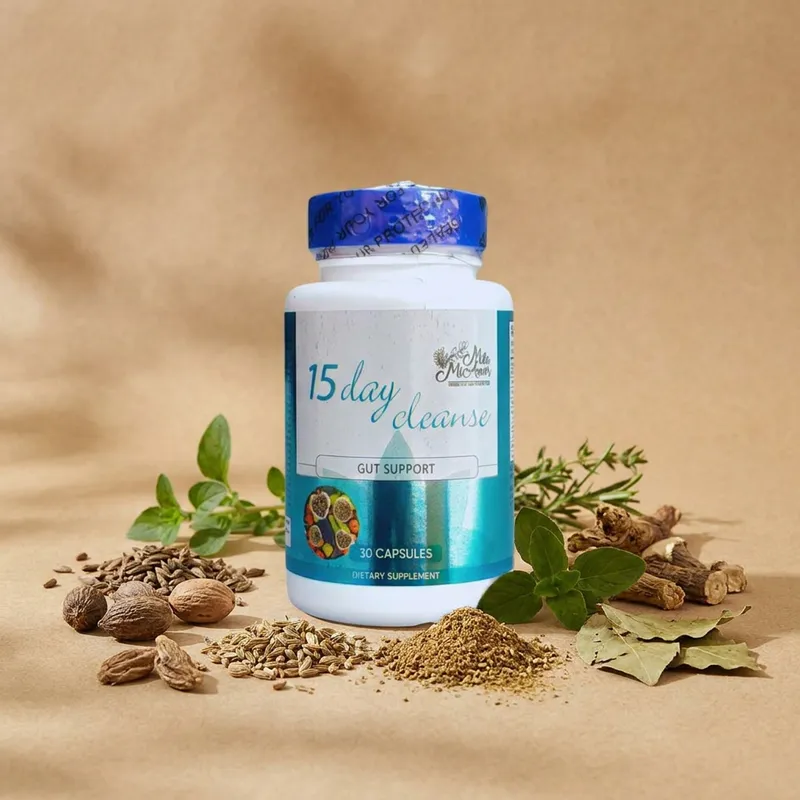 Limpieza intestinal en cápsulas con sus ingredientes naturales alrededor