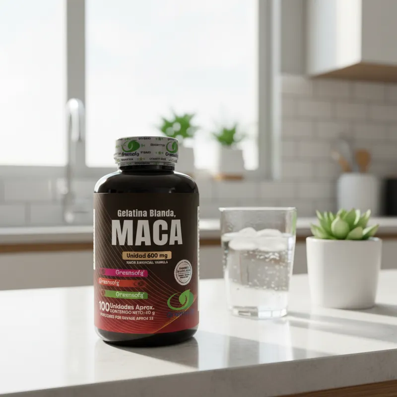 Maca en cápsulas blandas en la cocina de una casa, junto a un vaso de agua