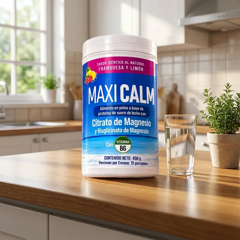 Magnesio en polvo en la cocina de una casa, junto a un vaso de agua