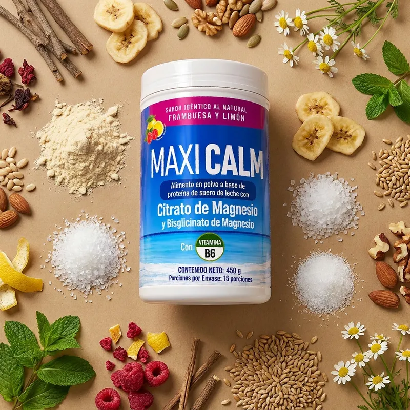 Magnesio en polvo con sus ingredientes naturales alrededor