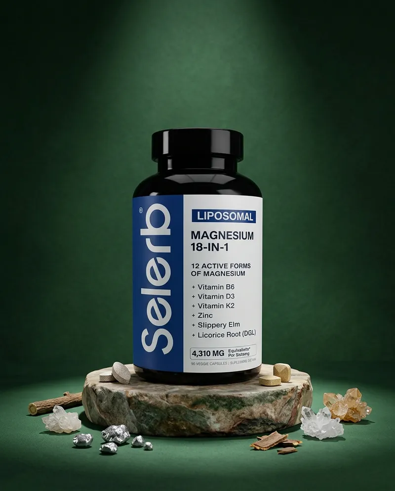 Magnesio liposomal en cápsulas sobre una piedra en un estudio verde, con sus ingredientes