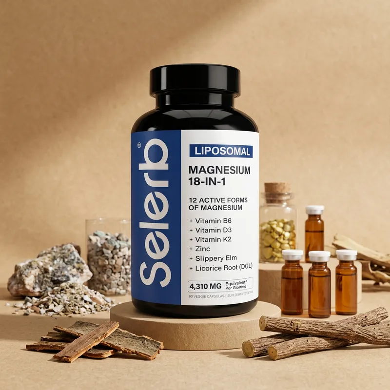 Magnesio liposomal en cápsulas con sus ingredientes naturales alrededor