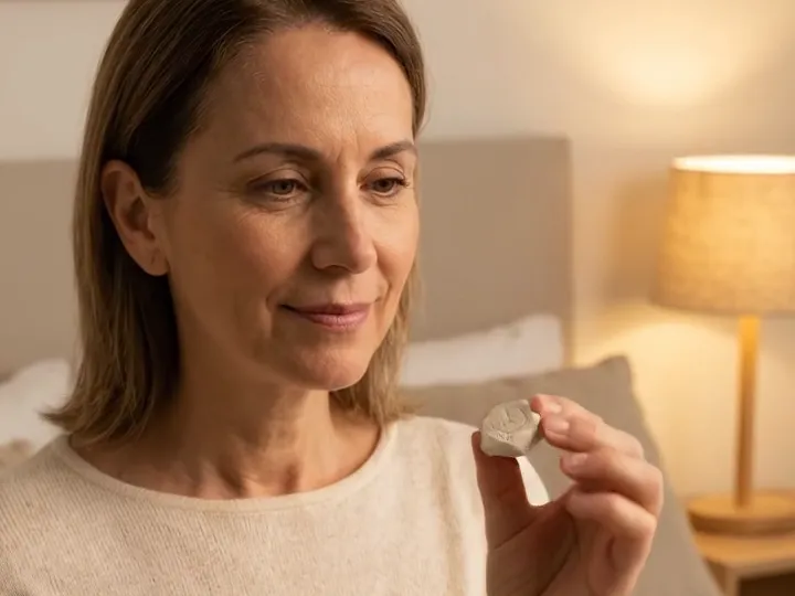 Señora en su cuarto en la noche con el frasco de magnesio Fitovit y un masticable en la mano