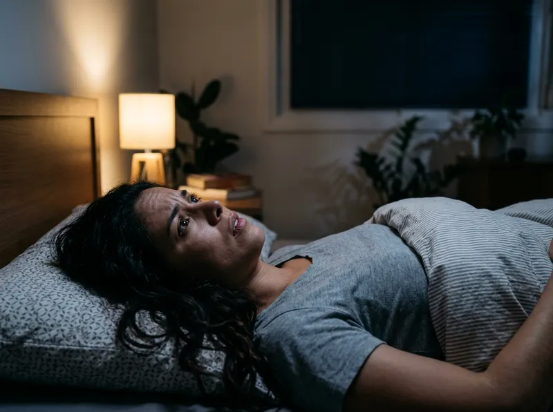 Mujer colombiana de unos 30 años acostada en su cama con los ojos abiertos, mirando al techo con expresión de preocupación en la noche.