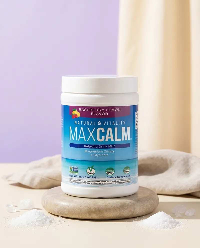 Magnesio para la calma sobre una piedra en un estudio luminoso, con sus ingredientes