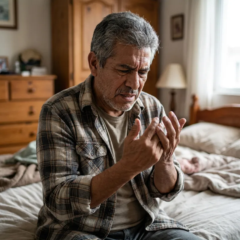 Un hombre mayor en su cama intentando flexionar sus dedos con dificultad por la rigidez matutina.