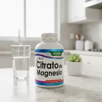 Masticables de magnesio en la cocina de una casa, junto a un vaso de agua