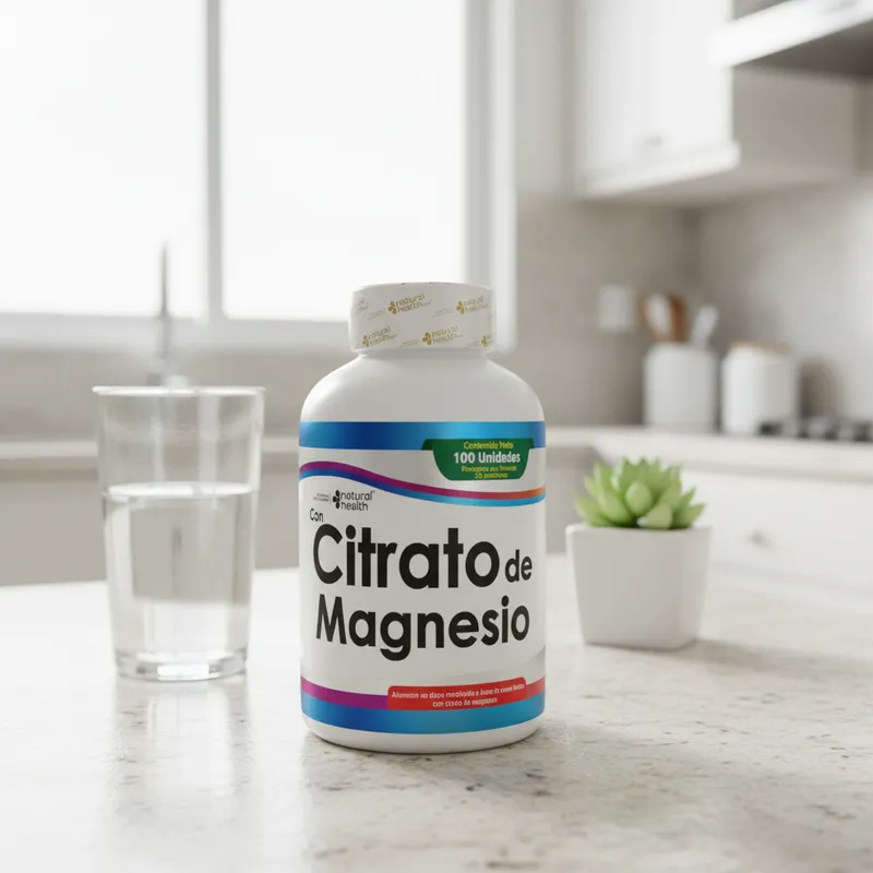 Masticables de magnesio en la cocina de una casa, junto a un vaso de agua