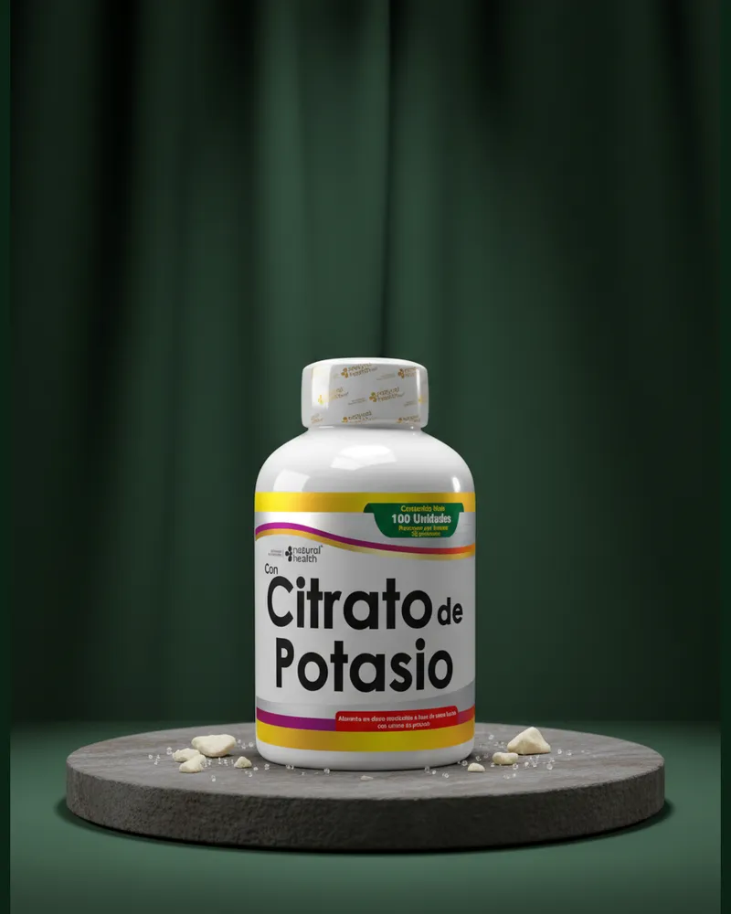 Masticables de potasio sobre una piedra en un estudio verde, con sus ingredientes