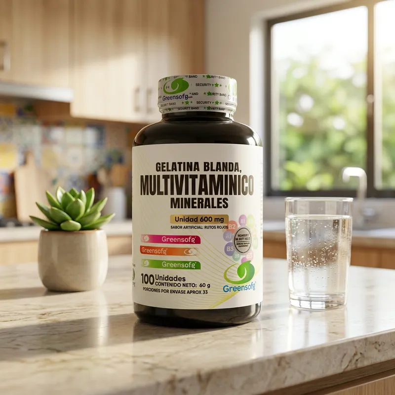 Multivitamínico en cápsulas en la cocina de una casa, junto a un vaso de agua