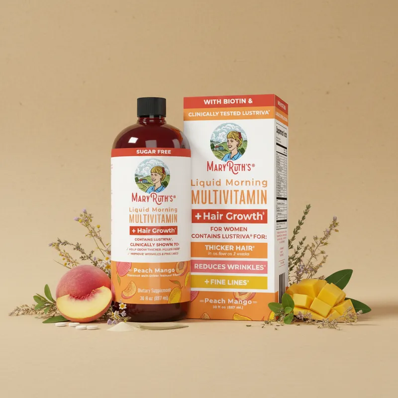 Multivitamínico líquido con sus ingredientes naturales alrededor