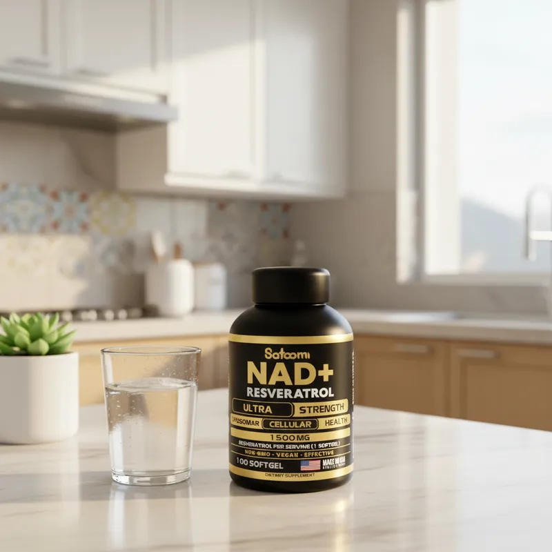 NAD+ con resveratrol en la cocina de una casa, junto a un vaso de agua