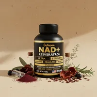 NAD+ con resveratrol con sus ingredientes naturales alrededor