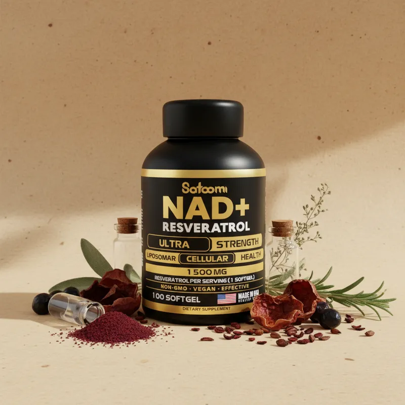 NAD+ con resveratrol con sus ingredientes naturales alrededor