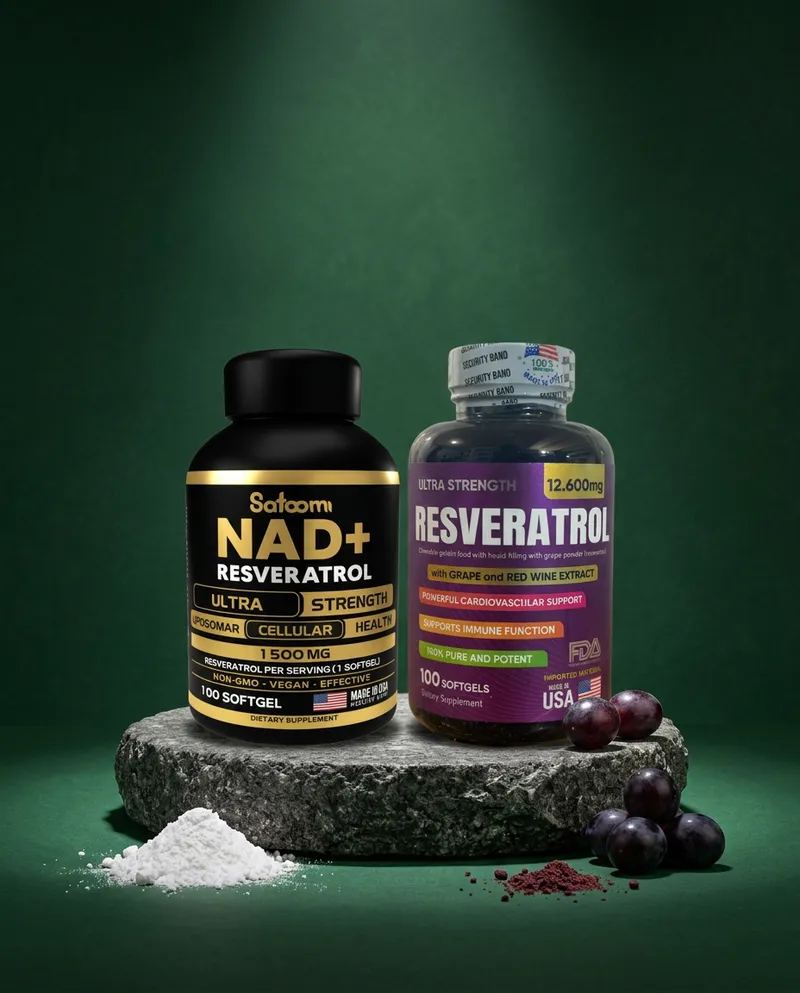 NAD y resveratrol liposomal sobre una piedra en un estudio verde, con sus ingredientes