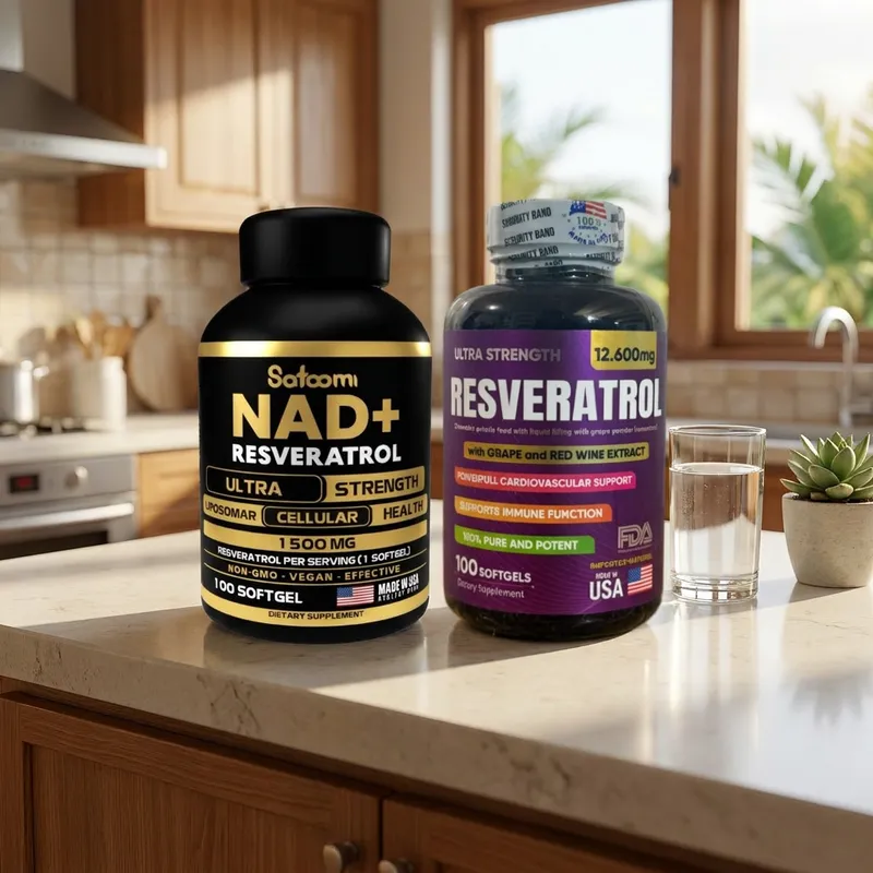 NAD y resveratrol liposomal en la cocina de una casa, junto a un vaso de agua